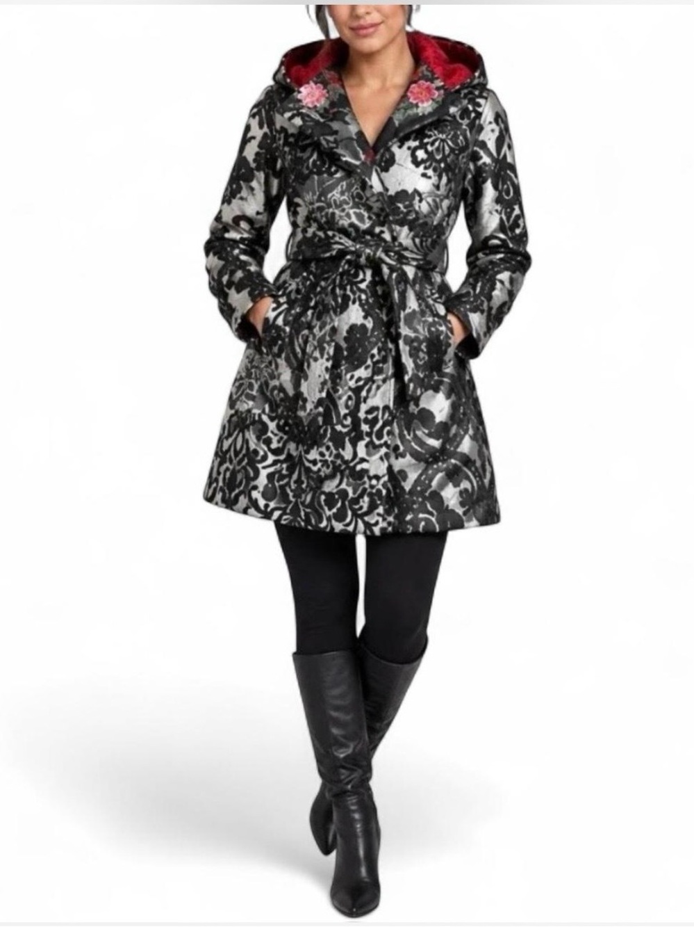 Desigual Hooded Floral Trench Coat Women Sz EU 40 US M Black Silver Avant Garde